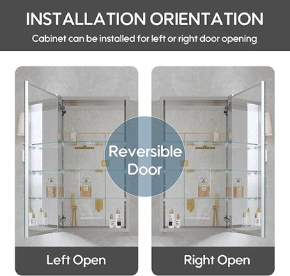 WELLFOR 16" x 30" Bathroom Medicine Cabinet, Anodized Chrome Aluminum Frame, Medicine Cabinet with Adjustable Glass Shelves, Bathroom Cabinet with Reverse Door Installation, Surface or Recessed Mount