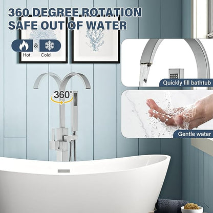 Freestanding Tub Filler, Floor Mount Bathtub Faucet with Hand Shower, High Flow 360° Swivel Spout Shower System for Bathtub, Brushed Nickel
