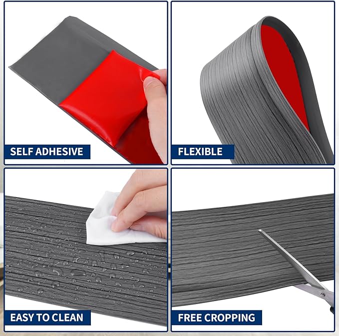 Flexible Baseboard Molding Trim 4 Inch Self-Adhesive Vinyl Wall Base Peel and Stick Cove Base Rubber Wall Baseboard Moulding Trim (40Ft, Deep Gray Wood Grain)