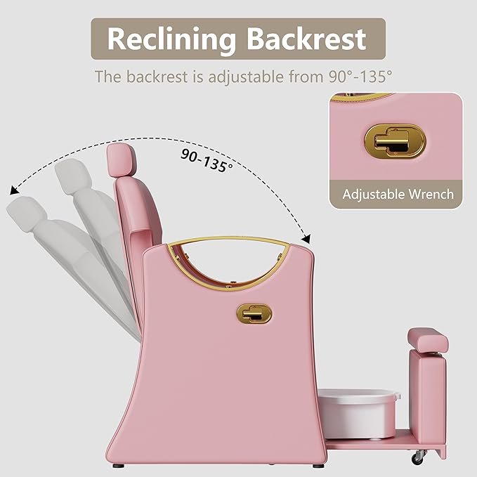 Pedicure Station for Nail Tech, Reclining Pedicure Chair with Massage Foot Bath, No Plumbing Pedicure Station Unit (Pink)