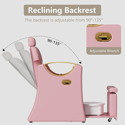 Pedicure Station for Nail Tech, Reclining Pedicure Chair with Massage Foot Bath, No Plumbing Pedicure Station Unit (Pink)