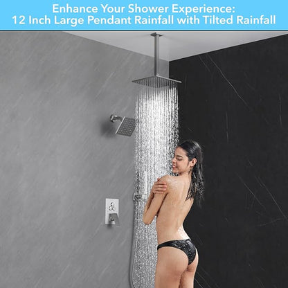 VANFOXLE Shower Faucet Set Brushed Nickel Shower System,Push Button Diverter Shower Faucet with 2 in 1 Handheld,Ceiling Mount Increased Thickness 12 Inch Shower Head with 6 Inch Wall Mount Shower Head