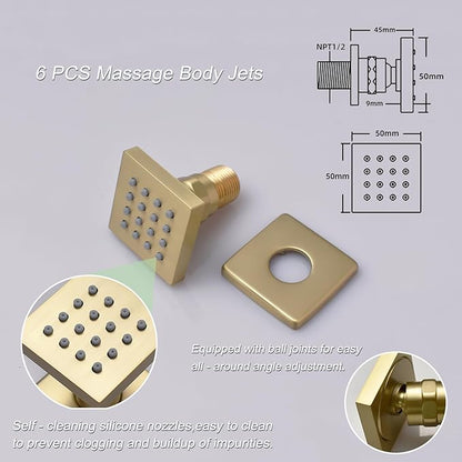Thermostatic Brushed Gold Shower System with Tub Spout Shower Faucet Set 12 Inch Wall Mounted LED Full Body Rain Shower System with Body Jets, Handheld Spray, Brass Shower Valve
