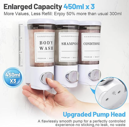 Shampoo and Conditioner Dispenser 450ml * 3, Shower Dispenser 3 Chamber No Drill Shower Soap Dispenser Wall Mounted Large Capacity Refillable Shampoo Body Wash Dispensers for Bathroom Hotel