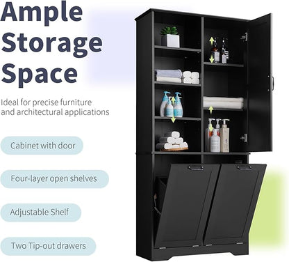Favfurish 68" Tall Bathroom Storage Cabinet with Door and 2 Tilt-Out Laundry Hampers,Modern Linen Cabinets w/Open Shelf & Adjustable Shelves,Freestanding Organizer for Laundry Room,Kitchen,Black