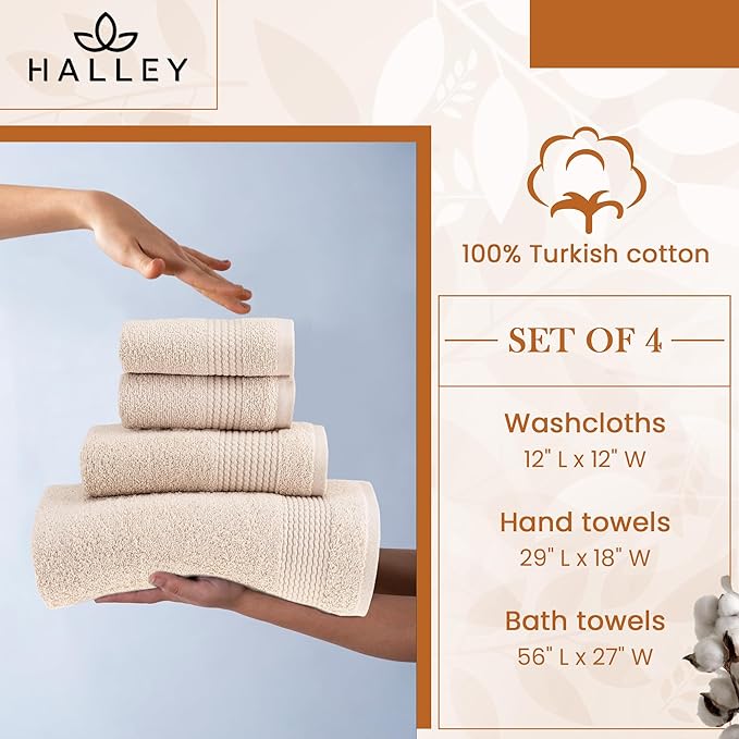 HALLEY Turkish Cotton Towels (Set of 4) 1 Bath Towel 1 Hand Towel 2 Washcloths, Super Soft Highly Absorbent 100% Cotton Towels for Bathroom and Kitchen for Mother’s Day (Ivory White)