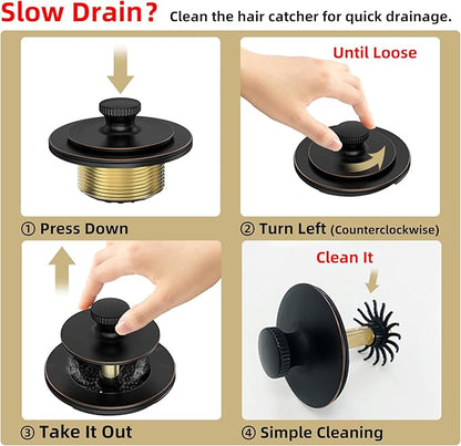 Matte Black Bathtub Drain, Hair Catcher and 2-Hole Overflow Faceplate, 11.5/16 UNC, Lift and Turn Bathtub Drain Replacement, Tub Drain Stopper