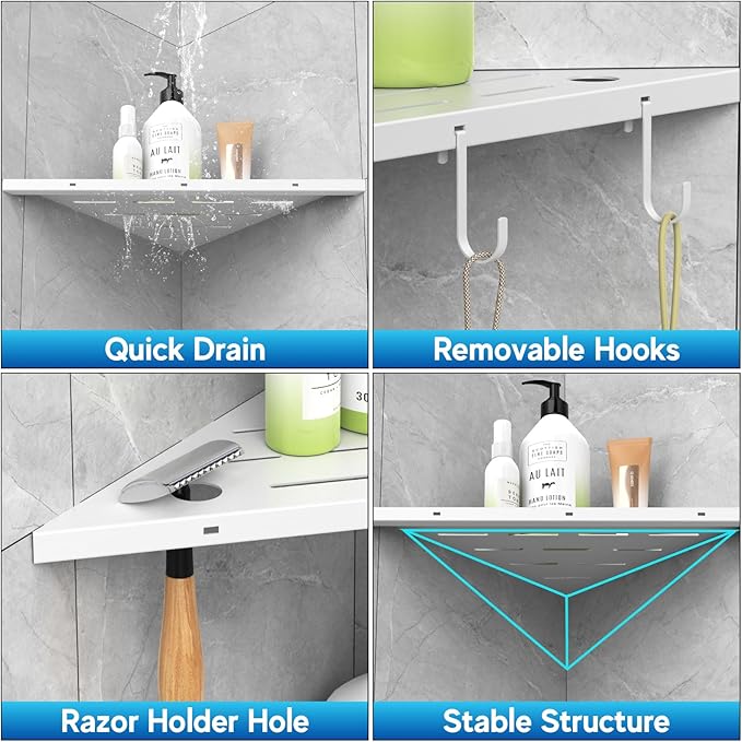 Corner Shower Shelves, 10" White 304 Stainless Steel Recessed Shelf for Bathroom，Grout in Shelf with Hooks for Tiled Wall 2 Pack (White)