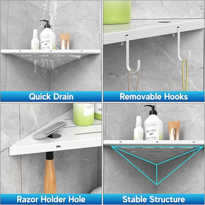 Corner Shower Shelves, 10" White 304 Stainless Steel Recessed Shelf for Bathroom，Grout in Shelf with Hooks for Tiled Wall 2 Pack (White)