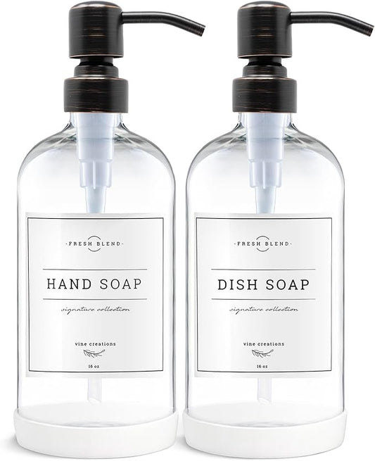 Vine Creations Clear Glass Soap Dispenser, 2 Pack Kitchen Soap Dispenser Set with Stainless Steel Pump, 16 oz Dish Soap and Hand Soap Dispensers for Bathroom with Waterproof Labels