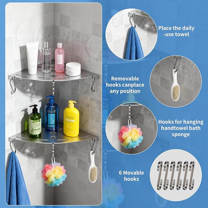 XIHLZYEH Corner Shower Shelves, 2 Pack 304 Stainless Steel Shower Shelf with 6 Hooks 40 lbs Heavy Duty, Rustproof Wall Mounted Organizer for Bathroom Drilling Installation (Silver)