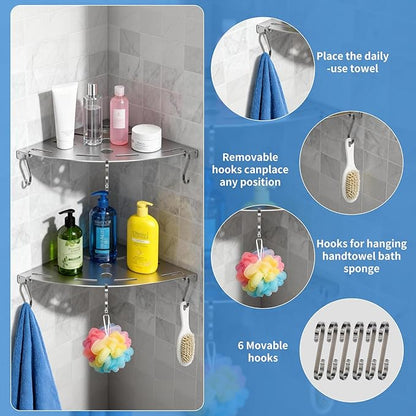 XIHLZYEH Corner Shower Shelves, 2 Pack 304 Stainless Steel Shower Shelf with 6 Hooks 40 lbs Heavy Duty, Rustproof Wall Mounted Organizer for Bathroom Drilling Installation (Silver)