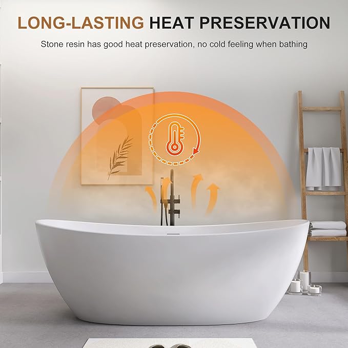 SJ STAR&JANE 73" Solid Surface Freestanding Bathtub Stone Resin Tub Oval Double Slippers Stand Alone Soaking Tub with Pop-up Drain and Overflow, Matte White