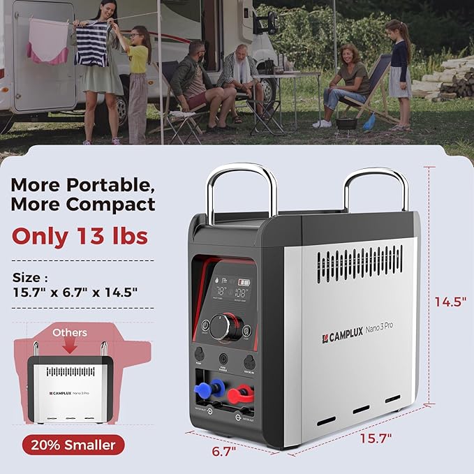 CAMPLUX Portable Water Heater for Camping Shower, Nano 3 Pro, 1 lb Portable Propane water heater w/Shower Pump, CSA Certified Safety, Max 100 Mins Runtime, 3s Instant Heat, Auto Safety Shutoff