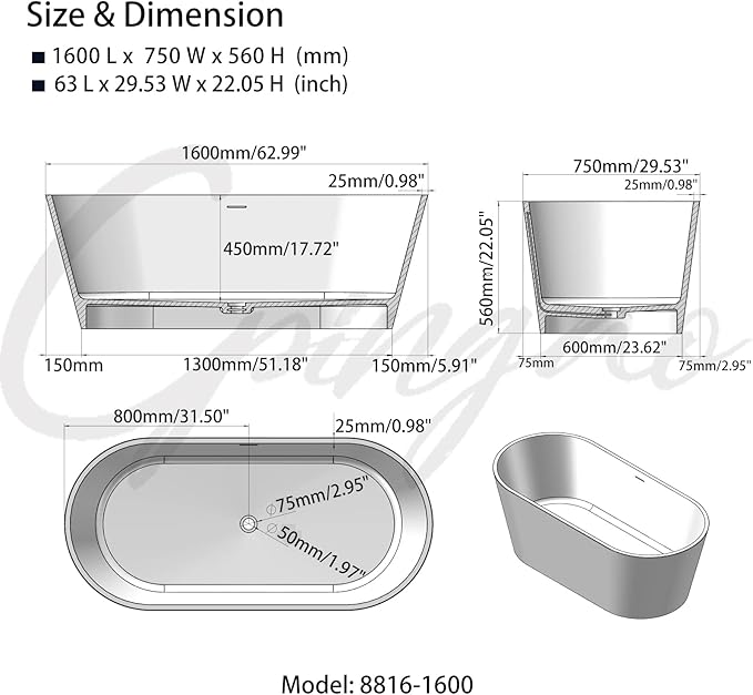 Cpingao 63" Stone Resin Freestanding Bathtub, Modern Oval Solid Surface Soaking Stand Alone Tub, Matte White, Drain & Overflow Included 8816-1600