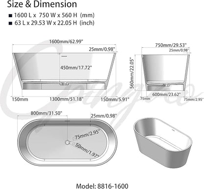 Cpingao 63" Stone Resin Freestanding Bathtub, Modern Oval Solid Surface Soaking Stand Alone Tub, Matte White, Drain & Overflow Included 8816-1600