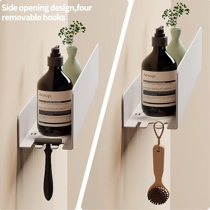REKITA No Drill Shower Shelf Organizer, 40cm Stainless Steel Bathroom Storage with 4 Removable Hooks, Adhesive Wall Mounted Shower Caddy, Rustproof Bath Shelf for Bathroom Kitchen Living Room