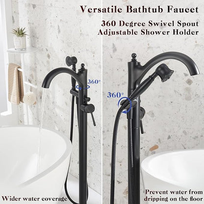 Freestanding Bathtub Faucet, Matte Black Classic Free Standing Tub Faucet with Vintage Handheld Sprayer High Flow Max 7.04GPM Floor Mounted Tub Filler (WT-9002BK)