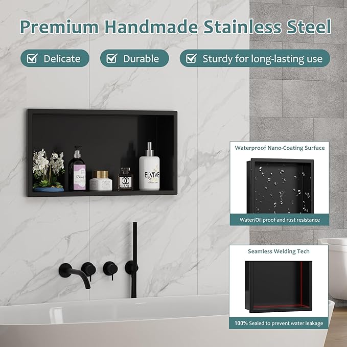 Shower Niche No Tile Needed, 12" X 24"(Outside Size 13.4"X25.4") Bathroom Niche for Shower Wall, Black Stainless Steel Wall Cabinet Insert for Bathroom, Recessed 2-Tier Shelf