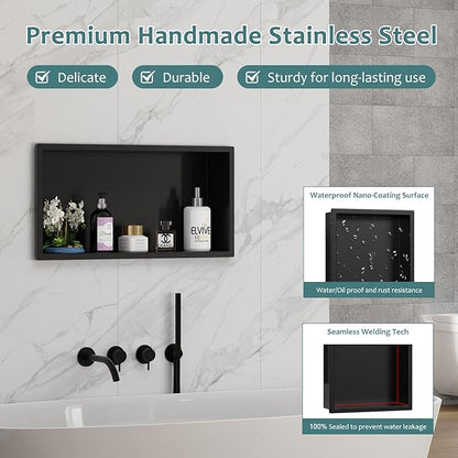Shower Niche No Tile Needed, 12" X 24"(Outside Size 13.4"X25.4") Bathroom Niche for Shower Wall, Black Stainless Steel Wall Cabinet Insert for Bathroom, Recessed 2-Tier Shelf
