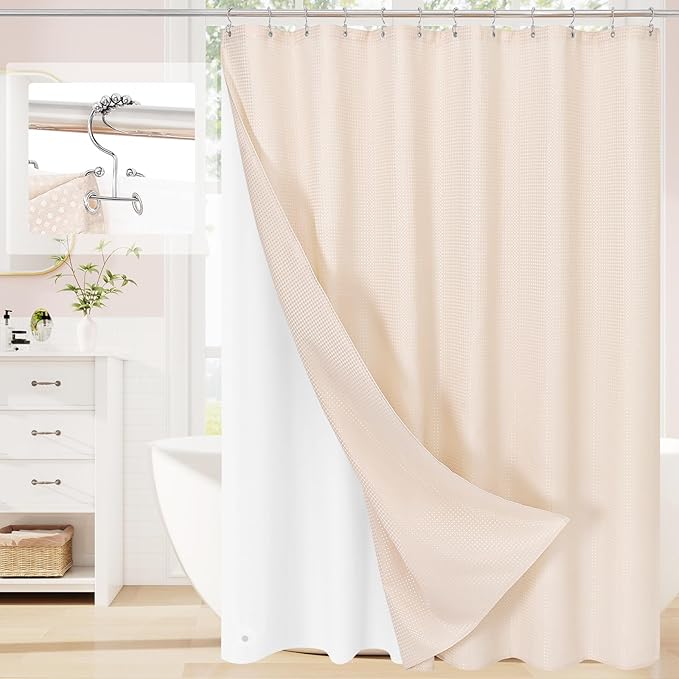 3 in 1 Extra Long Blush Pink Shower Curtain Set-72 W x 84 H, Modern Waffle and PEVA Liner Set with 12 Stainless Steel Hooks, Waterproof Fabric for Bathroom