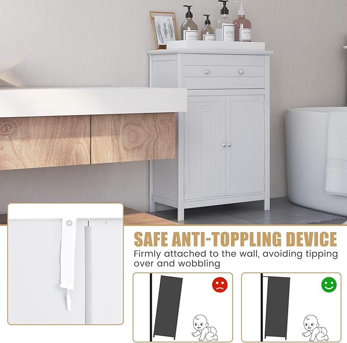 COSTWAY Bathroom Floor Cabinet, Wooden Side Storage Organizer w/Larger Drawer, Adjustable Shelf & 2-Door Cupboard, Freestanding Storage Cabinet for Living Room, Kitchen, Entryway (White)