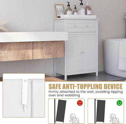 COSTWAY Bathroom Floor Cabinet, Wooden Side Storage Organizer w/Larger Drawer, Adjustable Shelf & 2-Door Cupboard, Freestanding Storage Cabinet for Living Room, Kitchen, Entryway (White)