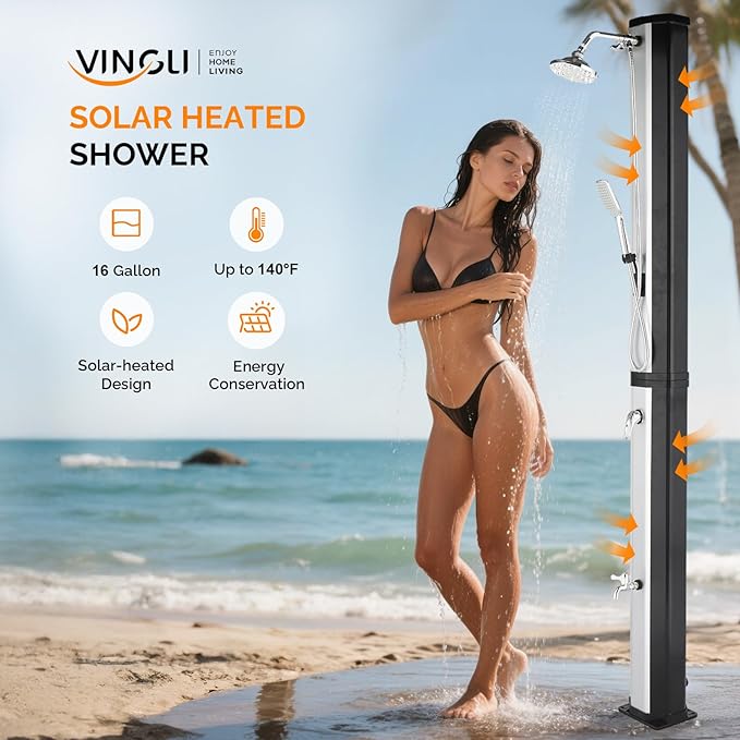 VINGLI Solar Heated Shower,2-Section with Shower Head and Foot Shower Tap，for Outdoor Backyard Poolside Beach Pool Spa,Black (16 Gallon- Sliver&Black Surface)