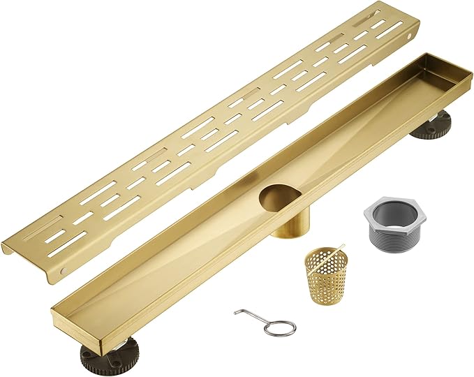 Sharp-tec Linear Shower Drain, 28inch Shower Drain with Removable Pattern Cover, Brushed Gold 304 Stainless Steel Rectangle Floor Drain, Adjustable Feet and Hair Strainer Included (Model 101)