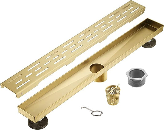 Sharp-tec Linear Shower Drain, 28inch Shower Drain with Removable Pattern Cover, Brushed Gold 304 Stainless Steel Rectangle Floor Drain, Adjustable Feet and Hair Strainer Included (Model 101)