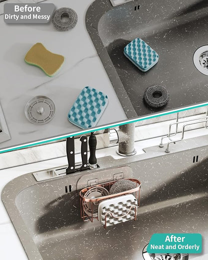 HapiRm Multifunctional Sink Sponge Holder with Unique M-Shaped, 2 Installation Ways Kitchen Sink Caddy, Stainless Steel Kitchen Organizer for Sponge, Brush and Scraper - Rose Gold