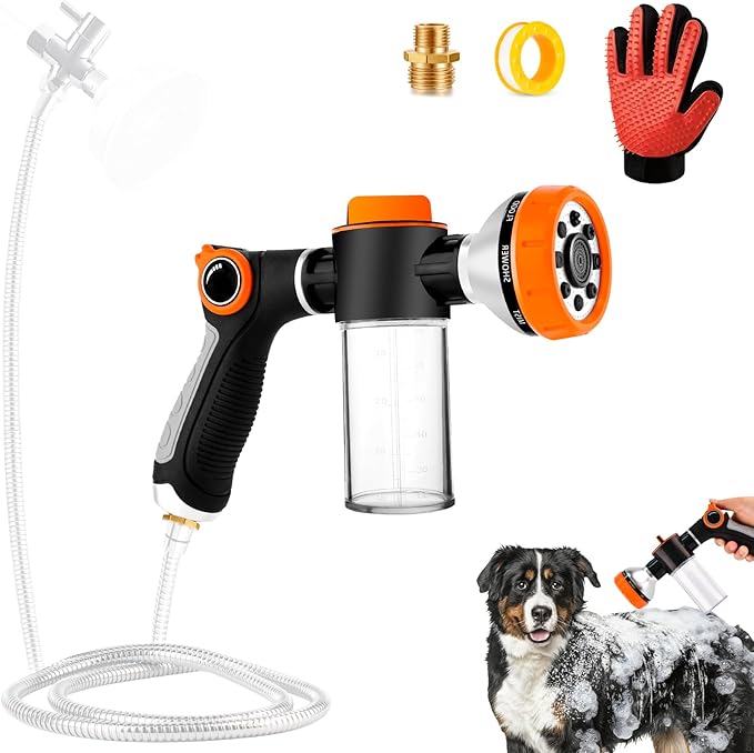 Dog Shower Attachment for Bathroom & Bathtub, 8 Sprayer Modes Dog Washing Hose Attachment with Pet Grooming Glove, Fit G1/2 Shower Hose(HOSE NOT INCLUDED)