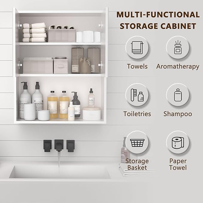 White Bathroom Wall Cabinet,Over The Toilet Storage Cabinet,Bathroom and Laundry Wall Mount Storage Medicine Cabinet with Open and Adjustable Shelf,Easy Assembly (Style B-1 PC, White)