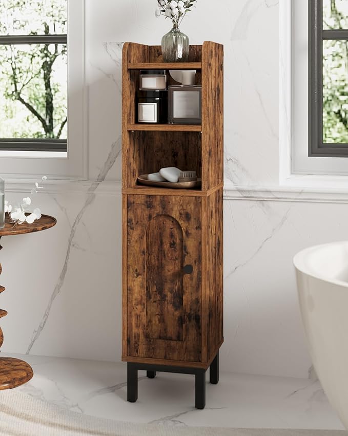 Bathroom Storage Cabinet, Small Corner Floor Cabinet with Door and Shelves, Narrow Toilet Paper Holder, Bathroom Organizer with Adjustable Shelf, for Small Spaces, Rustic Brown BC08201X