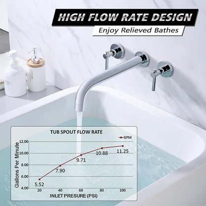 sumerain Bathroom Wall Mount Bath Tub Faucet, Extra Long Spout with High Flow, Chrome Finish