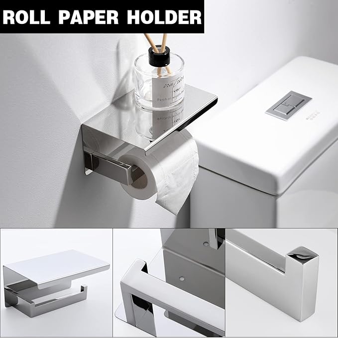 Bathroom Towel Bar Set Toilet Paper Holder with Shelf, Polished Chrome Bathroom Accessories Set, 23.6 Inch Towel Bar Towel Ring Towel Hook 5-Piece Bathroom Hardware Set