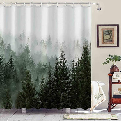 Aipon Green Misty Forest Shower Curtain Nature Tree Shower Curtain Set Dark Green Fabric Waterproof Shower Curtains for Bathroom Decor with 12 Hooks (72'' × 84'', Green4)