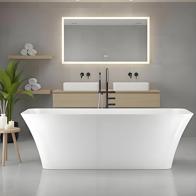 Freestanding Bathtub 59 Inch Compact Acrylic Soaking Tub with Chrome Drain, Stand Alone Bath Tub for Bathroom, Oval Design for Small Space, Modern White Tub for Home Relaxation