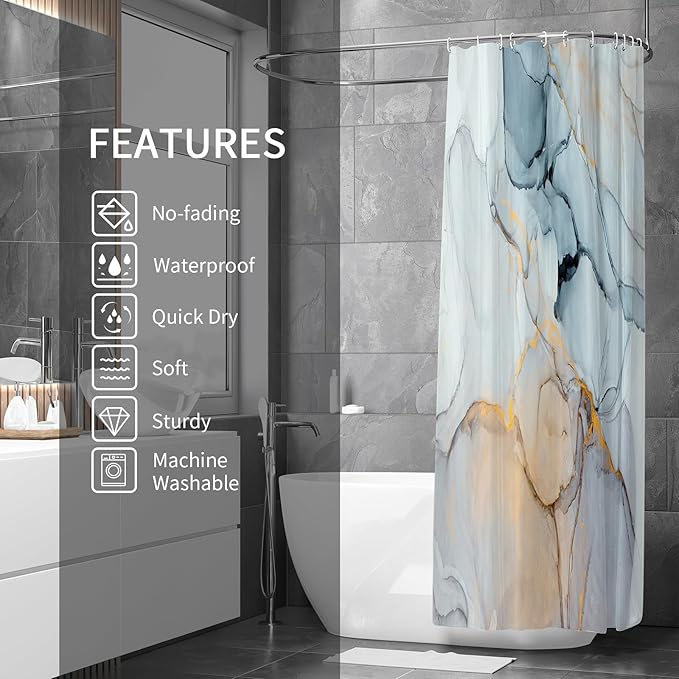 Gibelle Extra Long Shower Curtain 72 x 84, Tall Abstract Grey Blue Marble Shower Curtain, Modern Ink Art Waterproof Fabric Shower Curtain Set with Hooks
