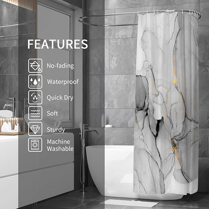 Gibelle Small Stall Shower Curtain 36 x 72, Narrow Half Abstract Grey Marble Shower Curtain, Modern Ink Art Waterproof Fabric Shower Curtain Set with Hooks