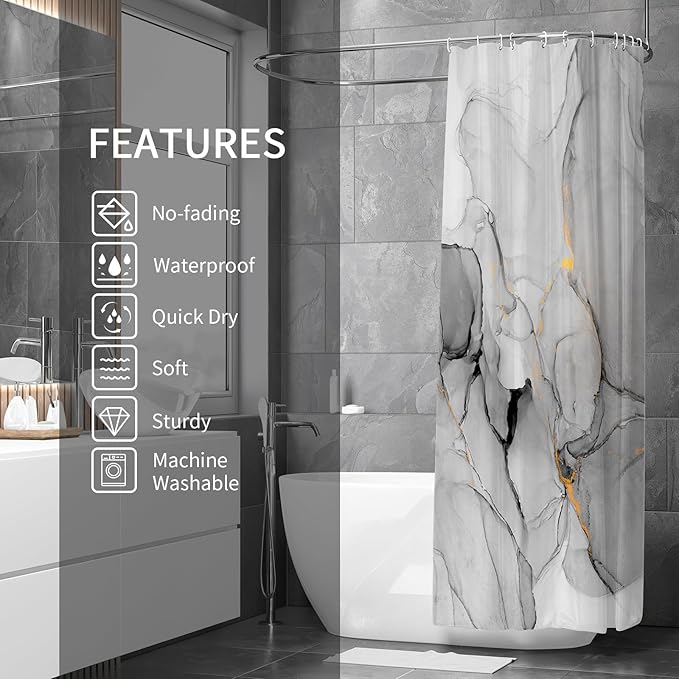Gibelle Extra Long Shower Curtain 72 x 84, Tall Abstract Grey Marble Shower Curtain, Modern Ink Art Waterproof Fabric Shower Curtain Set with Hooks
