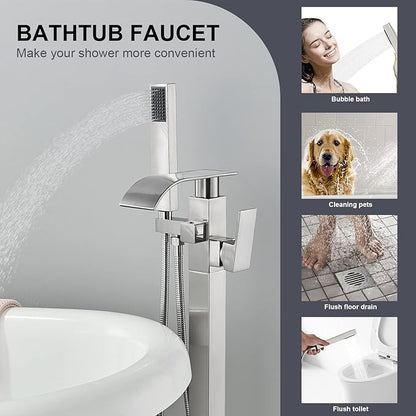 Senlesen Stainless Steel Bathroom Free Standing Tub Filler Faucet Brushed Nickel Freestanding Bathtub Faucets with Handheld Shower Mixer Taps