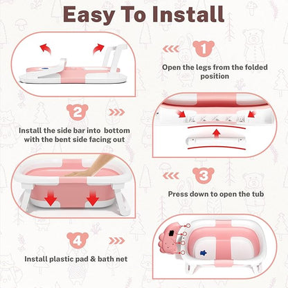AVIDOR Baby Bathtub,Collapsible Bathtub for Newborn to Toddler,Durable Essential Infant Bath Tub,Portable Travel Baby Tub with Soft Bath Net,No-Slip Feet and Dinosaur Shaped (Pink)