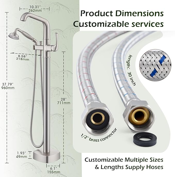 Luxury Free Standing Tub Faucet, Classic Brass Freestanding Bathtub Faucet, Lexdale Bathroom Floor Mount Tub Filler with handheld Sprayer Supply Lines Included Brushed Nickel (LD8911-BN)