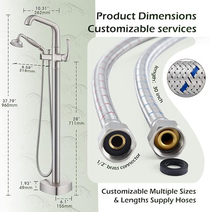 Luxury Free Standing Tub Faucet, Classic Brass Freestanding Bathtub Faucet, Lexdale Bathroom Floor Mount Tub Filler with handheld Sprayer Supply Lines Included Brushed Nickel (LD8911-BN)