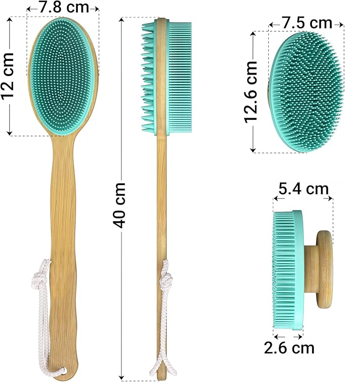 READAEER Silicone Back Scrubber with Long Handle Bamboo, 15.7in Lengthen Long Handle Body Brush for Shower, Double Sided Silicone Head for Back Cleaning and Massage, with a Hook