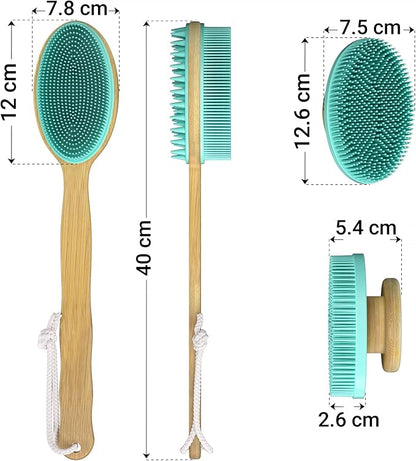 READAEER Silicone Back Scrubber with Long Handle Bamboo, 15.7in Lengthen Long Handle Body Brush for Shower, Double Sided Silicone Head for Back Cleaning and Massage, with a Hook