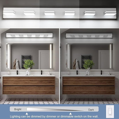 SineRise LED Modern Bathroom Vanity Light Fixtures (6-Light, 48-Inch, Dimmable), Matte White Modern Acrylic Bathroom Wall Lighting Fixtures Over Mirror (Cool White 6000K)