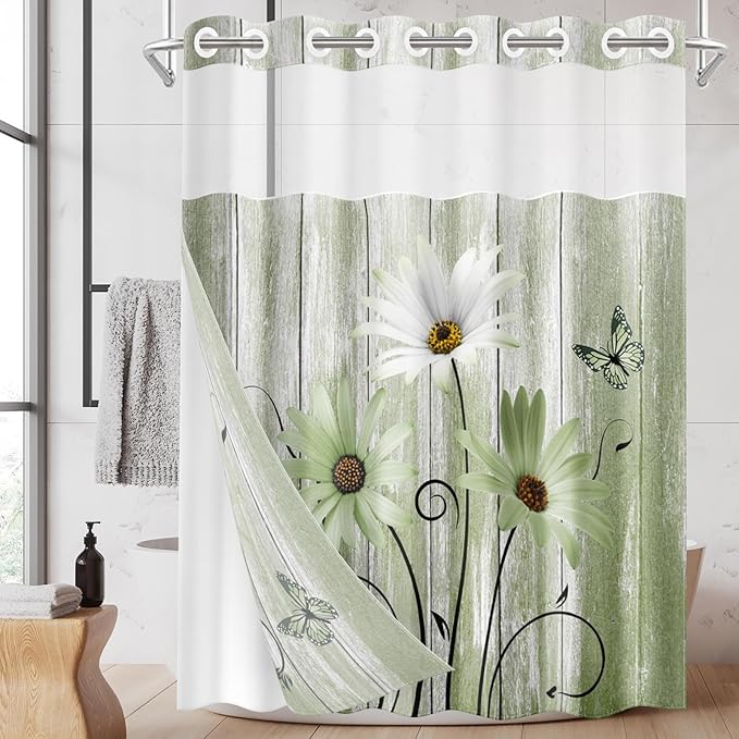 No Hook Daisy and Butterfly Shower Curtain with Snap in Fabric Liner Set, Green Rustic Farmhouse Double Layers Waterproof Fabric with See Through Top Window Open Grommet Bath Curtain 71x86 Inch