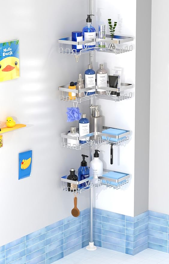 4-Tier Shower Caddy/Shower Organizer - Corner Standing Tension Pole Adjustable 25-114.2 inches Built in 2 Soap Holder Rustproof Silver Finish